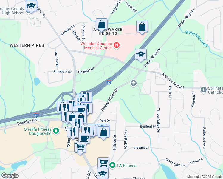 map of restaurants, bars, coffee shops, grocery stores, and more near 4711 Timber Ridge Drive in Douglasville