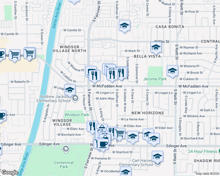 map of restaurants, bars, coffee shops, grocery stores, and more near 2526 West McFadden Avenue in Santa Ana