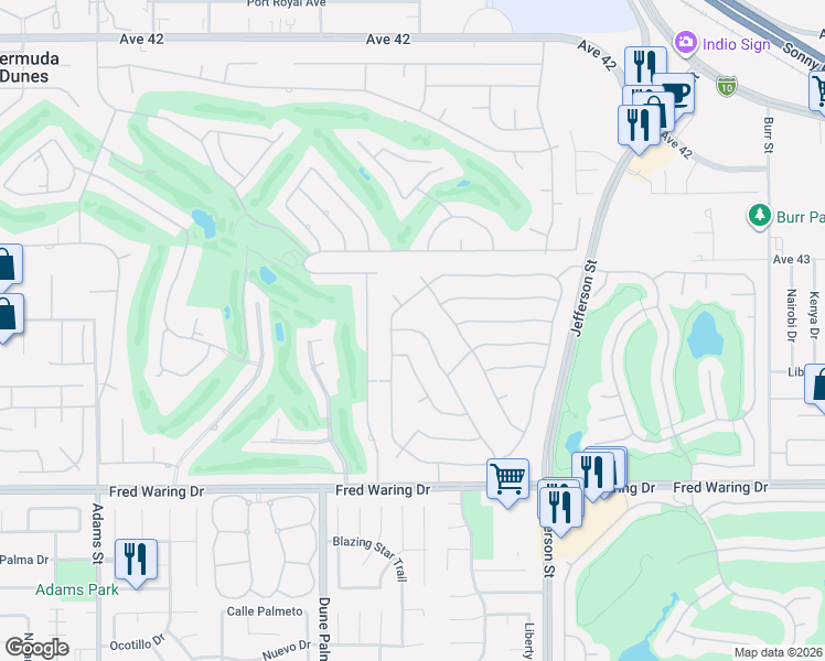 map of restaurants, bars, coffee shops, grocery stores, and more near 43274 Bordeaux Drive in La Quinta