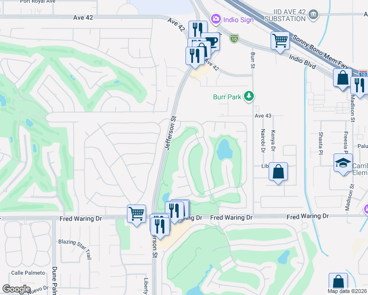 map of restaurants, bars, coffee shops, grocery stores, and more near 43391 Saint Andrews Drive in Indio