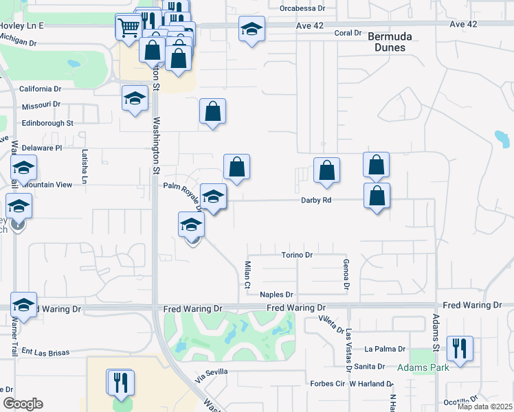map of restaurants, bars, coffee shops, grocery stores, and more near 78341 Darby Road in Bermuda Dunes