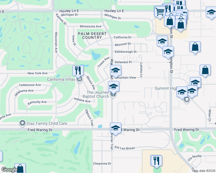 map of restaurants, bars, coffee shops, grocery stores, and more near 43260 Texas Avenue in Palm Desert