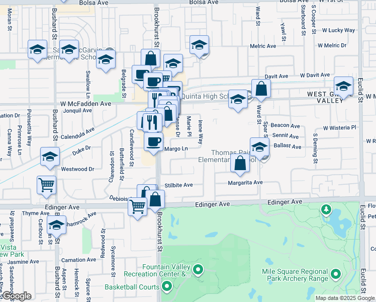 map of restaurants, bars, coffee shops, grocery stores, and more near 10110 Margo Lane in Westminster