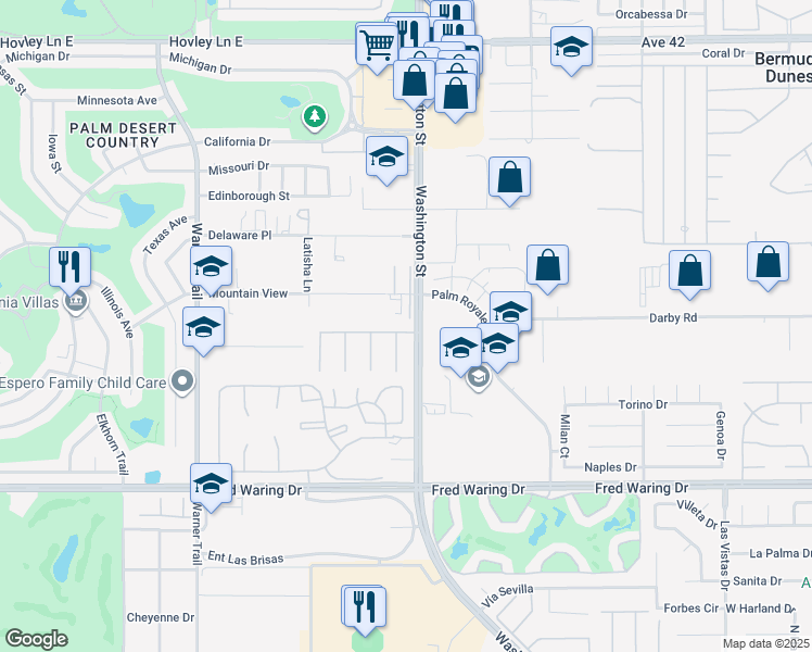 map of restaurants, bars, coffee shops, grocery stores, and more near 2 Tucson Circle in Palm Desert