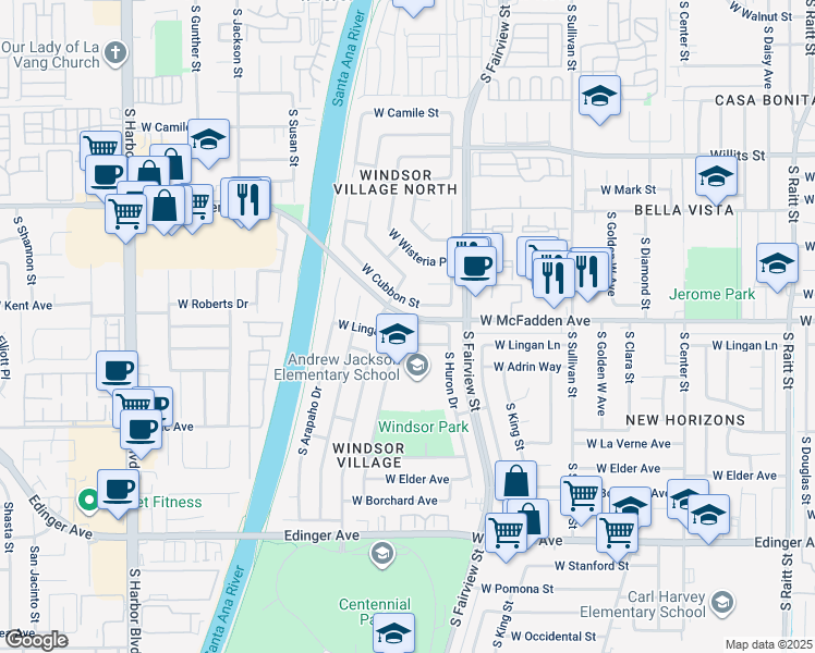 map of restaurants, bars, coffee shops, grocery stores, and more near 2924 West McFadden Avenue in Santa Ana