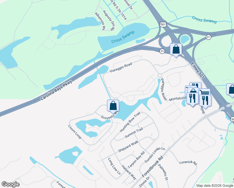 map of restaurants, bars, coffee shops, grocery stores, and more near 834 Arezzo Way in Myrtle Beach