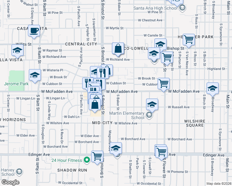 map of restaurants, bars, coffee shops, grocery stores, and more near 1206 West McFadden Avenue in Santa Ana