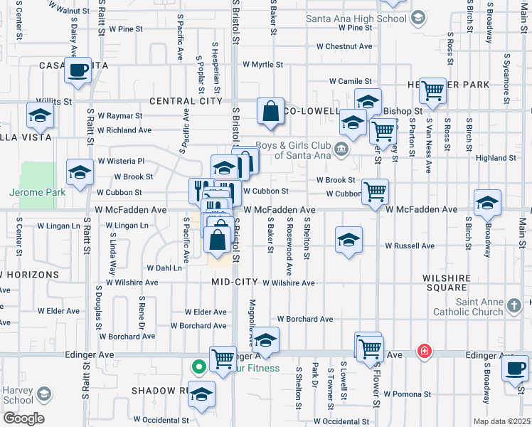 map of restaurants, bars, coffee shops, grocery stores, and more near 1206 West McFadden Avenue in Santa Ana