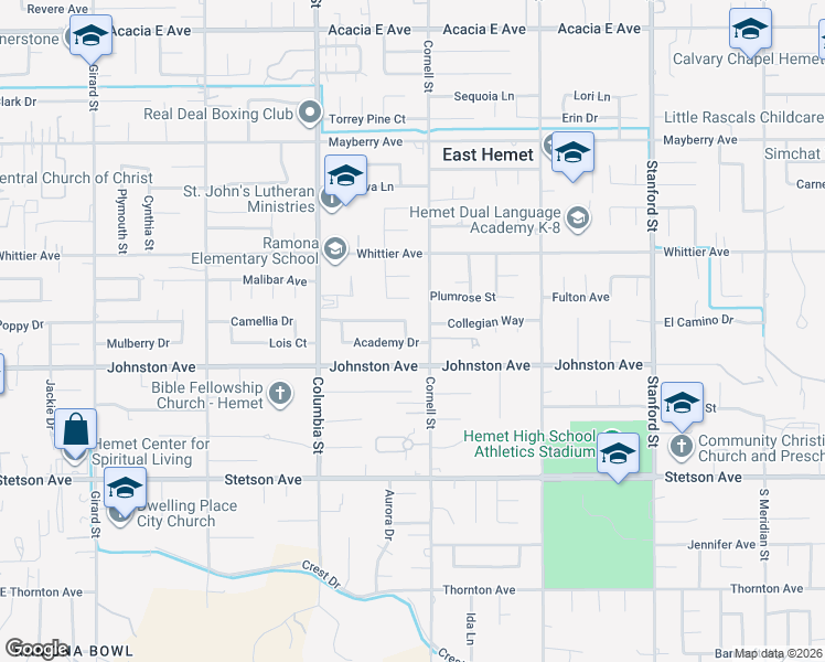 map of restaurants, bars, coffee shops, grocery stores, and more near 26680 Major Drive in Hemet