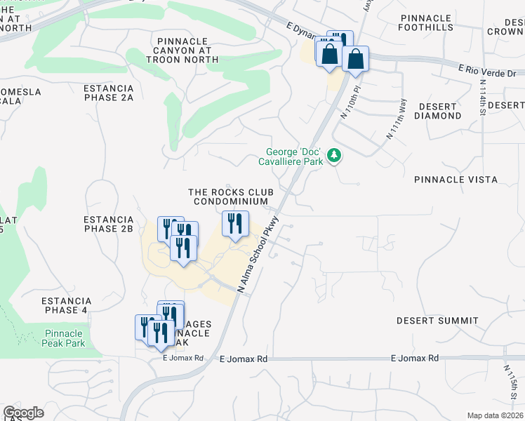map of restaurants, bars, coffee shops, grocery stores, and more near 27440 North Alma School Parkway in Scottsdale
