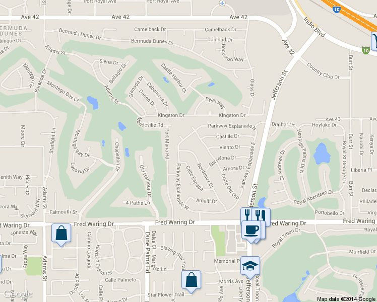 map of restaurants, bars, coffee shops, grocery stores, and more near 43274 Bordeaux Drive in La Quinta