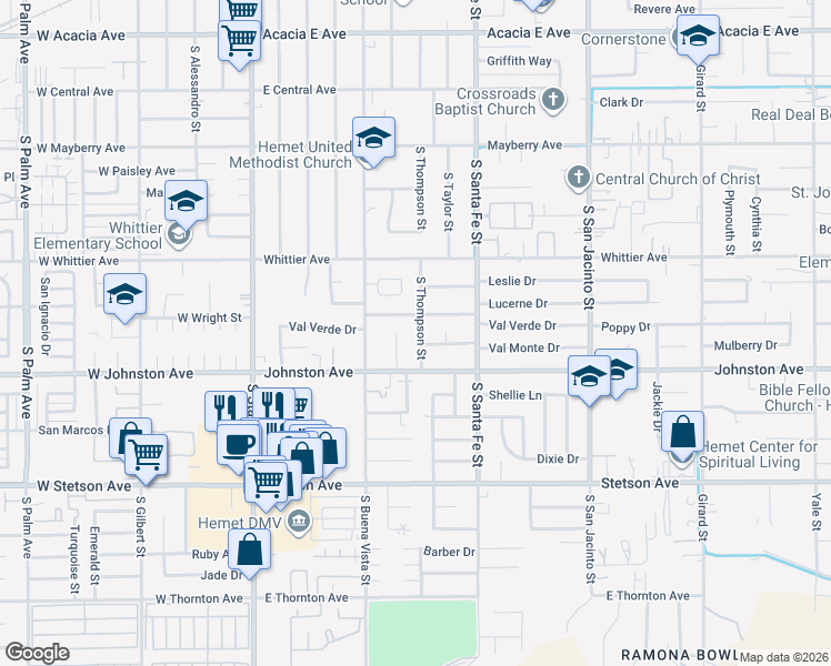 map of restaurants, bars, coffee shops, grocery stores, and more near 630 East Wright Street in Hemet
