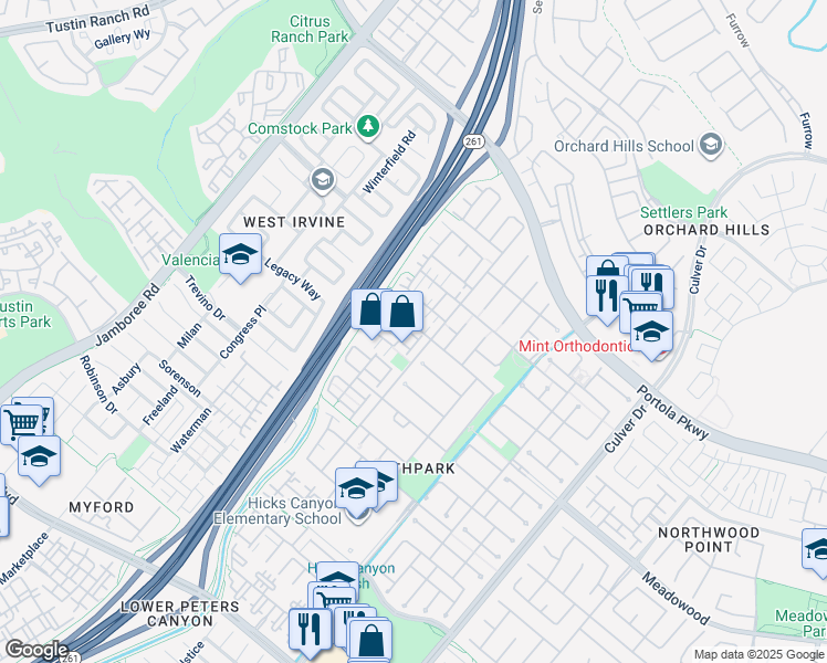 map of restaurants, bars, coffee shops, grocery stores, and more near 57 Modesto in Irvine