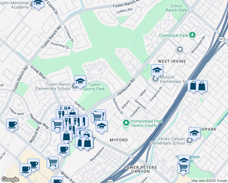 map of restaurants, bars, coffee shops, grocery stores, and more near 2948 Player Lane in Tustin