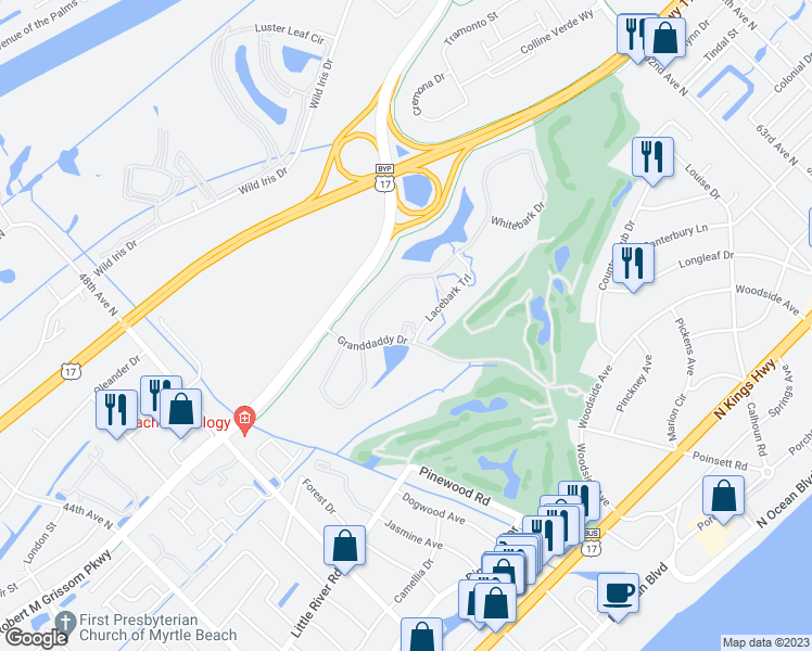 map of restaurants, bars, coffee shops, grocery stores, and more near Granddaddy Dr in Myrtle Beach