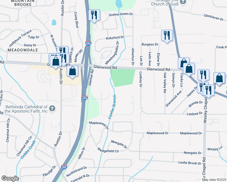 map of restaurants, bars, coffee shops, grocery stores, and more near 4685R Glenwood Road in Decatur