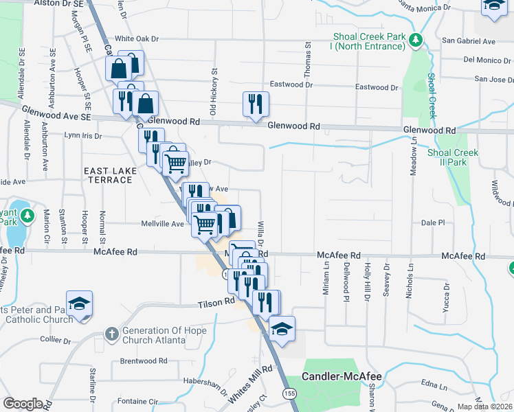 map of restaurants, bars, coffee shops, grocery stores, and more near 1923 Willa Drive in Decatur