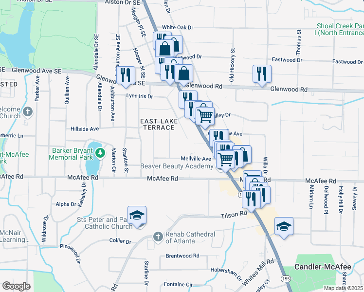 map of restaurants, bars, coffee shops, grocery stores, and more near 1925 Cannon Street in Decatur