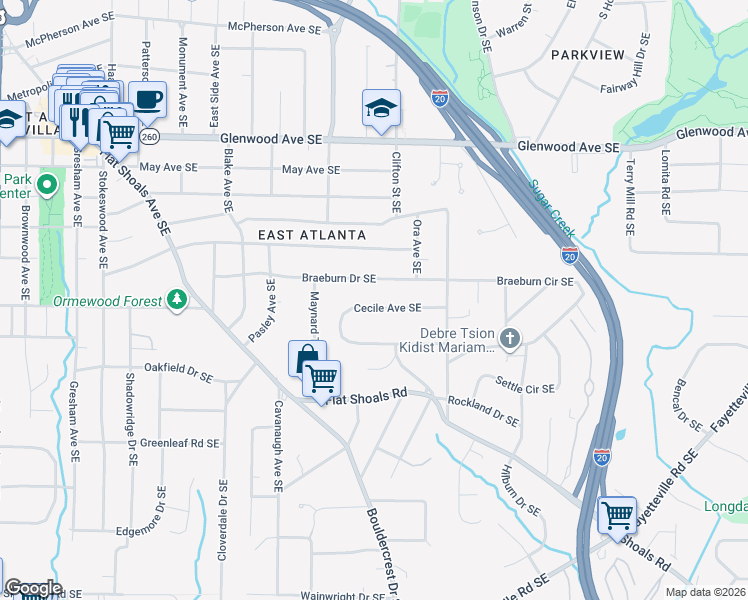 map of restaurants, bars, coffee shops, grocery stores, and more near 1666 Cecile Avenue Southeast in Atlanta