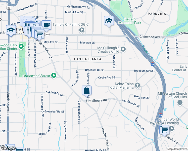 map of restaurants, bars, coffee shops, grocery stores, and more near 1628 Cecile Avenue Southeast in Atlanta