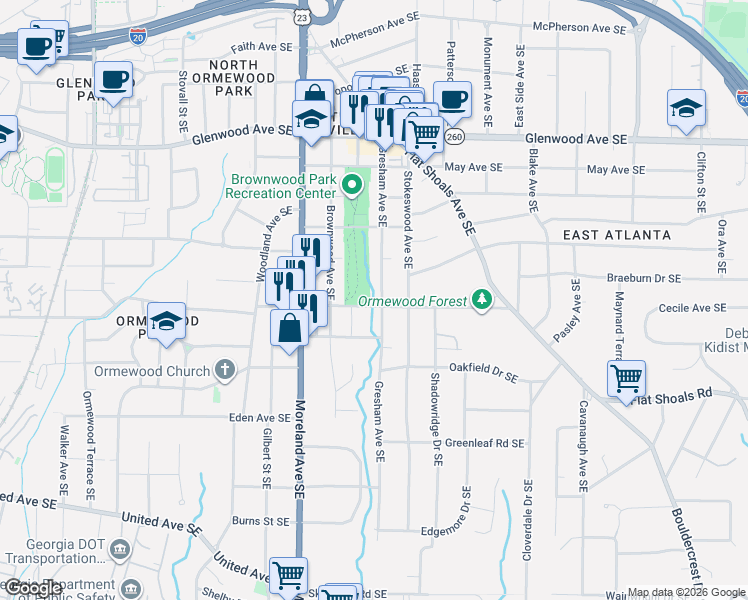 map of restaurants, bars, coffee shops, grocery stores, and more near 703 Gresham Avenue Southeast in Atlanta