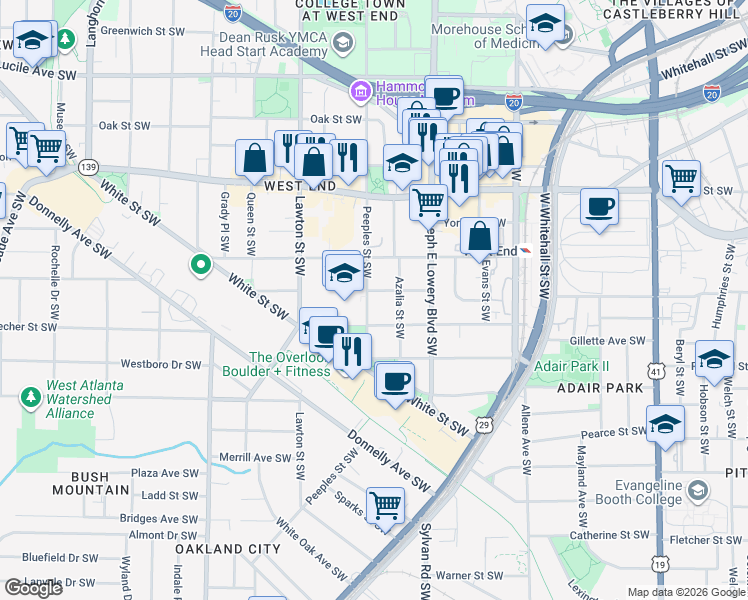map of restaurants, bars, coffee shops, grocery stores, and more near 756 Peeples Street Southwest in Atlanta