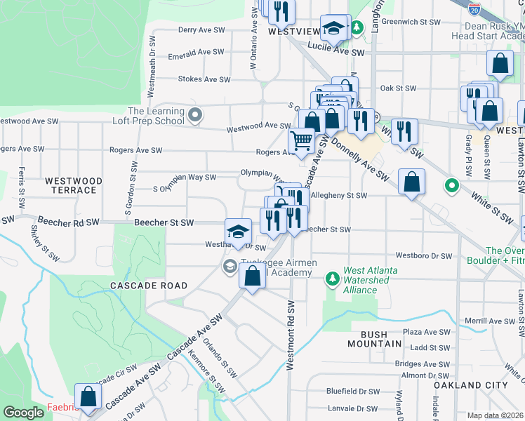 map of restaurants, bars, coffee shops, grocery stores, and more near 1582 Olympian Circle Southwest in Atlanta