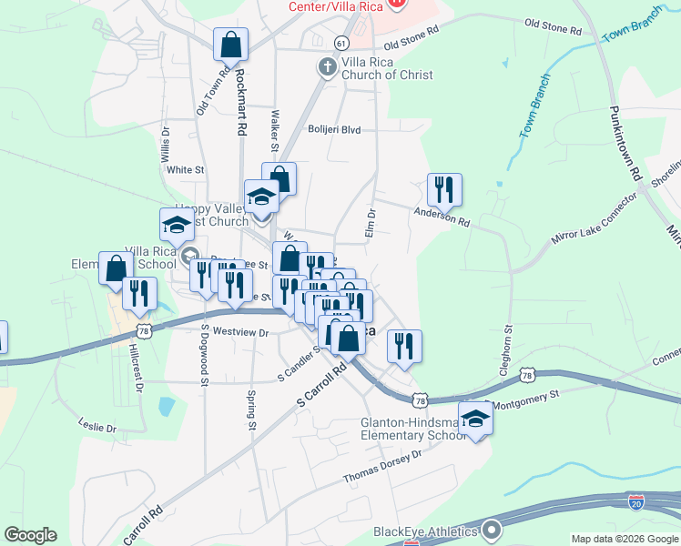 map of restaurants, bars, coffee shops, grocery stores, and more near 206 North Avenue in Villa Rica
