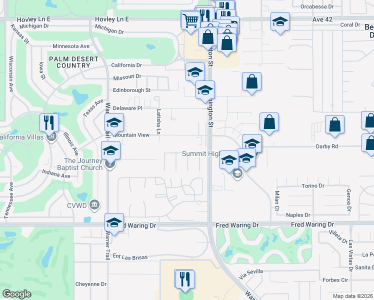 map of restaurants, bars, coffee shops, grocery stores, and more near 2 Tucson Circle in Palm Desert