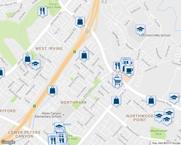 map of restaurants, bars, coffee shops, grocery stores, and more near 33 Harmony in Irvine