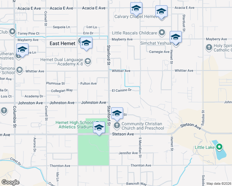 map of restaurants, bars, coffee shops, grocery stores, and more near 41795 El Camino Drive in Hemet