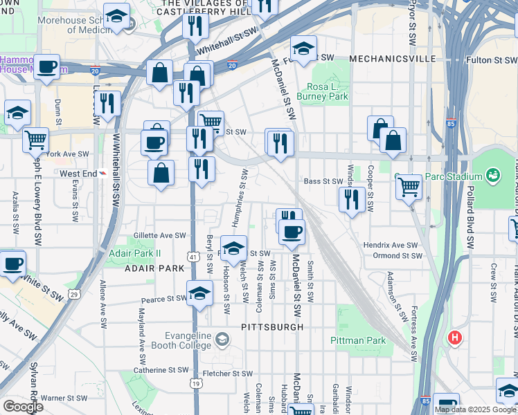 map of restaurants, bars, coffee shops, grocery stores, and more near 489 Stephens Street Southwest in Atlanta