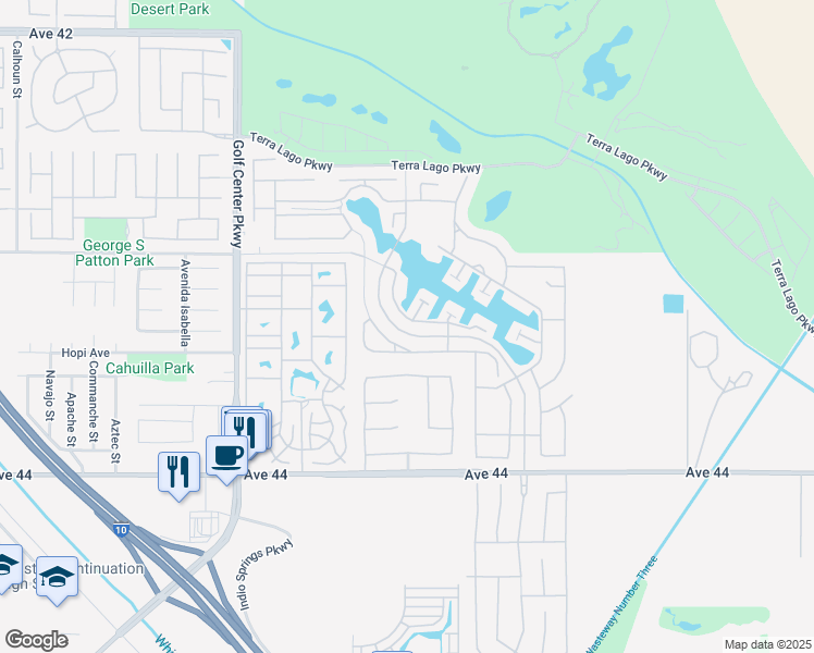 map of restaurants, bars, coffee shops, grocery stores, and more near 43254 Passagio Lago Way in Indio