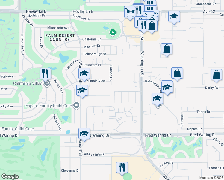 map of restaurants, bars, coffee shops, grocery stores, and more near 2 Tucson Circle in Palm Desert