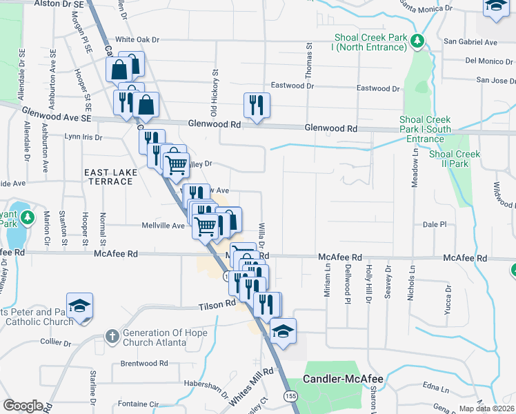 map of restaurants, bars, coffee shops, grocery stores, and more near 1923 Willa Drive in Decatur