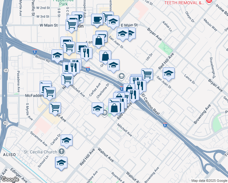 map of restaurants, bars, coffee shops, grocery stores, and more near 14032 Woodlawn Avenue in Tustin