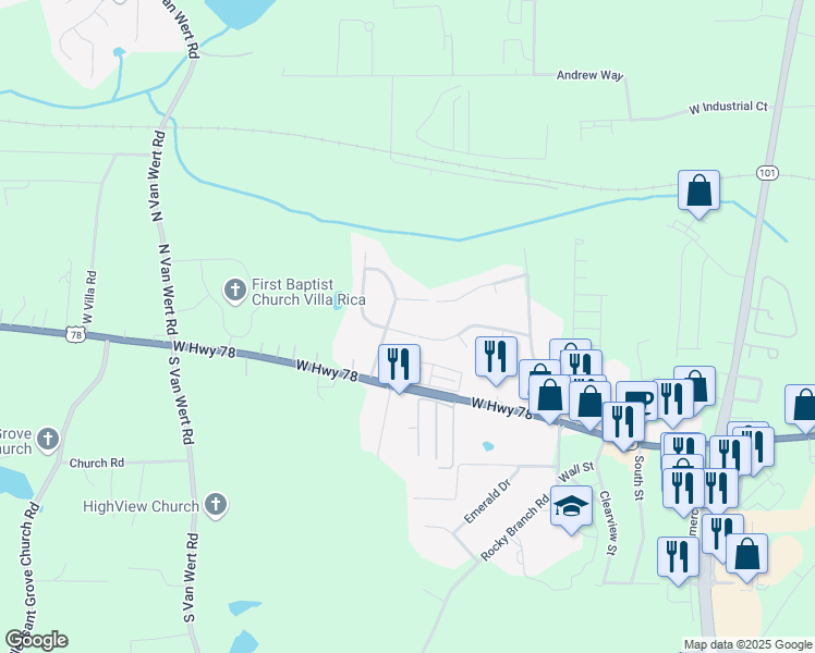 map of restaurants, bars, coffee shops, grocery stores, and more near 19 Melleray Court in Villa Rica
