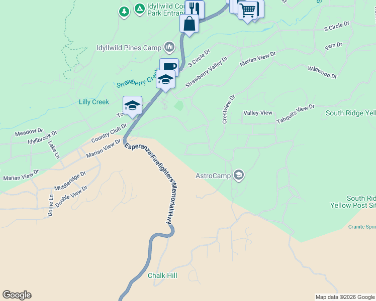 map of restaurants, bars, coffee shops, grocery stores, and more near 26857 Crestview Drive in Idyllwild-Pine Cove
