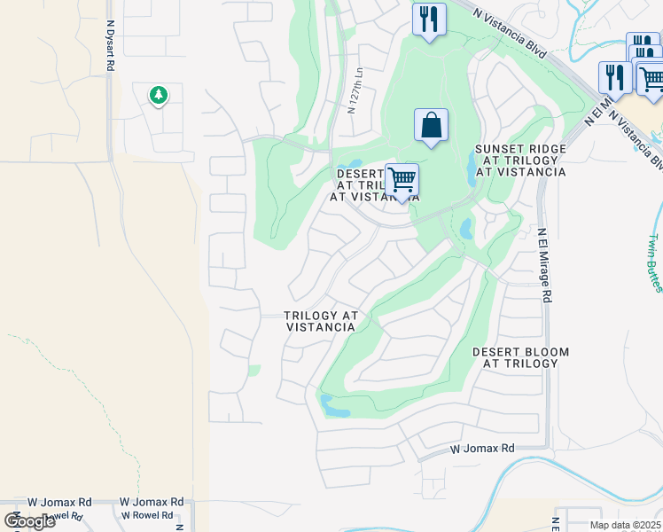 map of restaurants, bars, coffee shops, grocery stores, and more near 12974 West Oberlin Way in Peoria