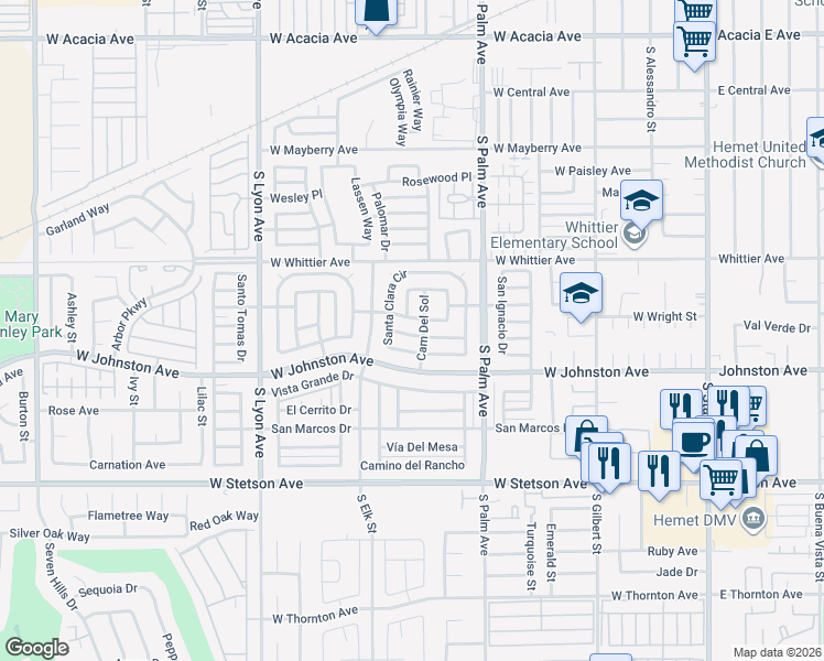 map of restaurants, bars, coffee shops, grocery stores, and more near 650 San Jose Drive in Hemet