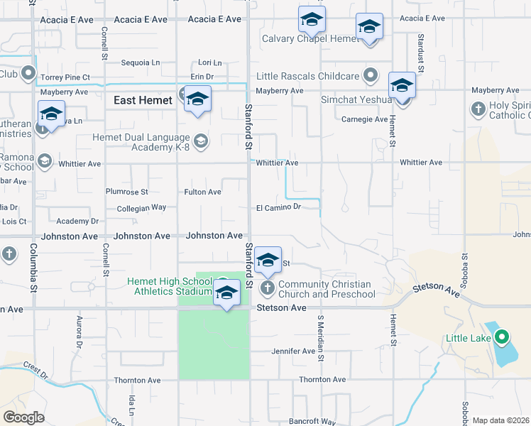map of restaurants, bars, coffee shops, grocery stores, and more near 41795 El Camino Drive in Hemet