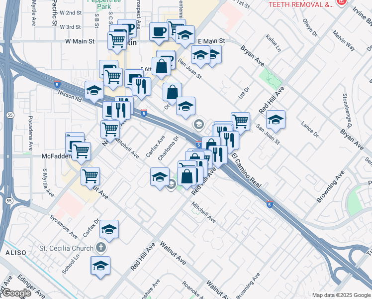 map of restaurants, bars, coffee shops, grocery stores, and more near 14032 Woodlawn Avenue in Tustin