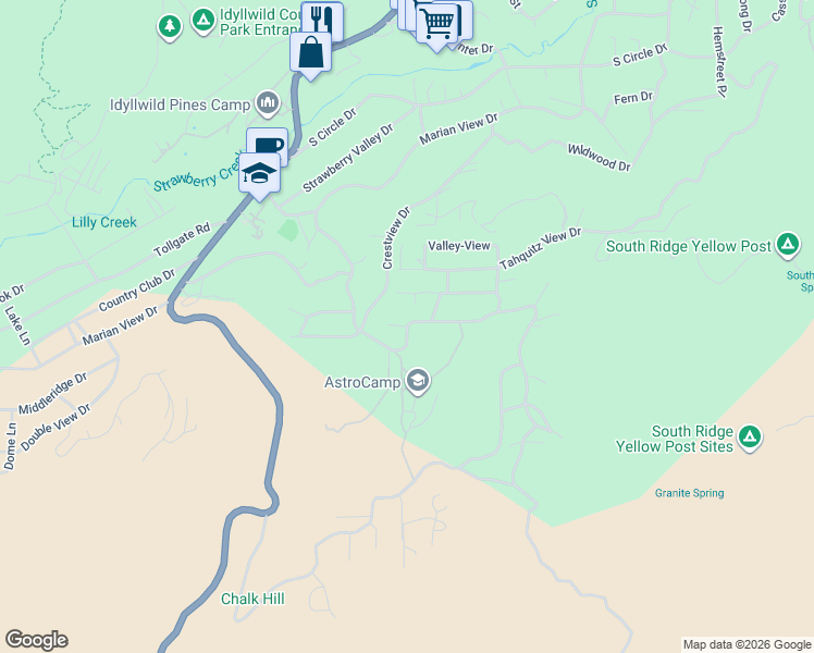 map of restaurants, bars, coffee shops, grocery stores, and more near Saunders Meadow Road in Idyllwild-Pine Cove