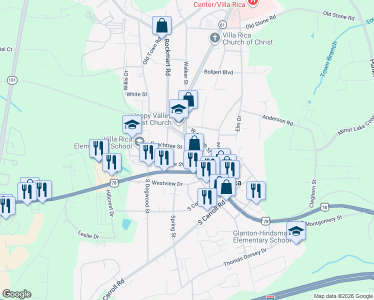 map of restaurants, bars, coffee shops, grocery stores, and more near 525 Main Street in Villa Rica