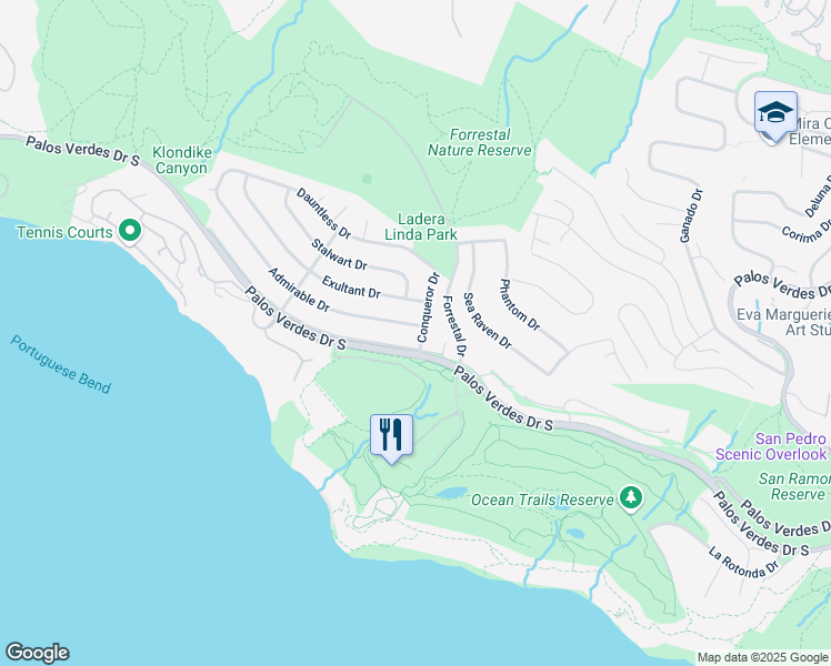 map of restaurants, bars, coffee shops, grocery stores, and more near 3904 Admirable Drive in Rancho Palos Verdes