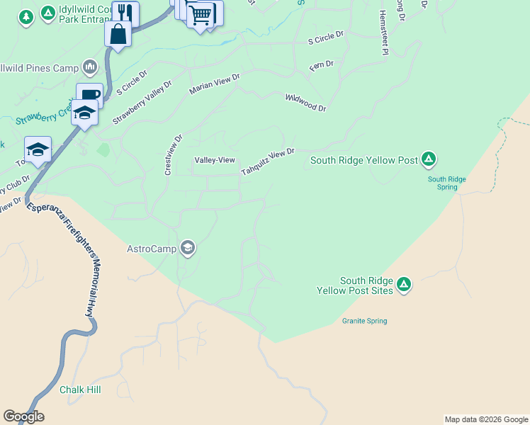 map of restaurants, bars, coffee shops, grocery stores, and more near 54575 Memory Lane in Idyllwild-Pine Cove