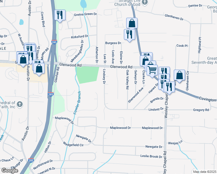 map of restaurants, bars, coffee shops, grocery stores, and more near 4083 Thetford Court in Decatur