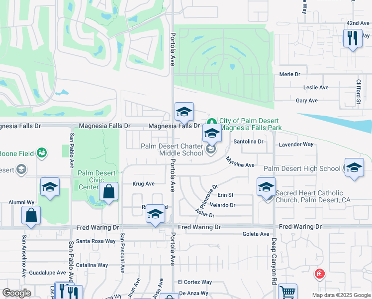 map of restaurants, bars, coffee shops, grocery stores, and more near 74100 Rutledge Way in Palm Desert