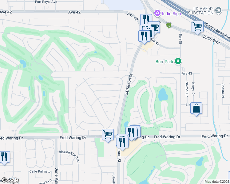 map of restaurants, bars, coffee shops, grocery stores, and more near 79927 Viento Drive in La Quinta