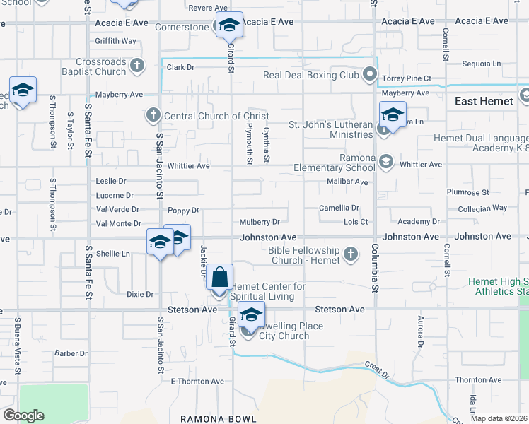 map of restaurants, bars, coffee shops, grocery stores, and more near 40603 Poppy Drive in Hemet